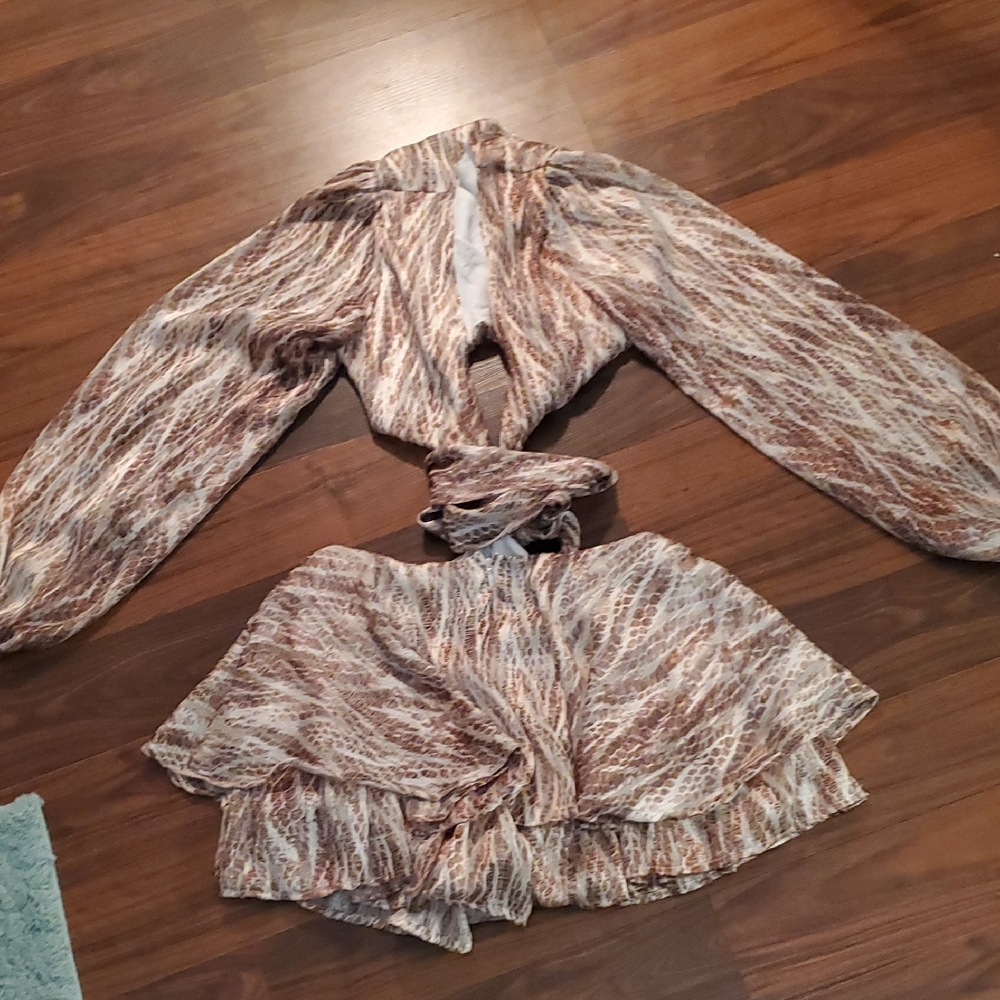 Luxxel Beige and White Two-Piece Set Cut Out Dress Shimmery And Gorgeous!